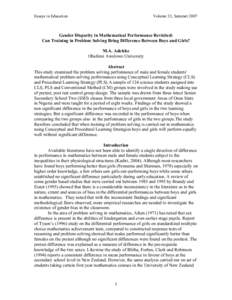 Essays in Education  Volume 21, Summer 2007 Gender Disparity in Mathematical Performance Revisited: Can Training in Problem Solving Bring Difference Between Boys and Girls?