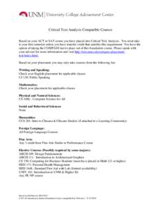 Critical Text Analysis Compatible Courses Based on your ACT or SAT scores you have placed into Critical Text Analysis. You must take it your first semester unless you have transfer credit that satisfies this requirement.