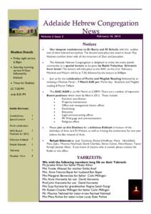 Adelaide Hebrew Congregation News February 10, 2012 Volume 2 Issue 2