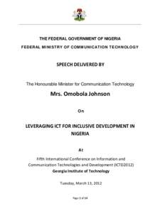     THE FEDERAL GOVERNMENT OF NIGERIA FEDERAL MINISTRY OF COMMUNICATION TECHNOLOGY  