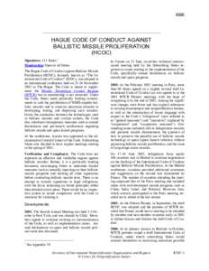 HAGUE CODE OF CONDUCT AGAINST BALLISTIC MISSILE PROLIFERATION (HCOC)