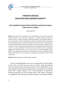 Journal of Identity and Migration Studies Volume 7, number 2, 2013 THEMATIC ARTICLES EDUCATION AND EUROPEAN IDENTITY
