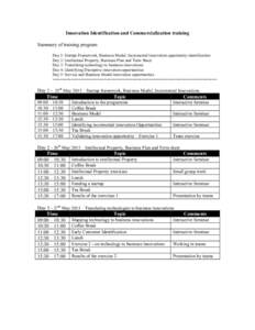 Innovation Identification and Commercialization training Summary of training program Day 1: Startup Framework, Business Model, Incremental Innovation opportunity identification Day 2: Intellectual Property, Business Plan