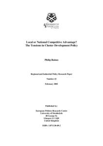 Local or National Competitive Advantage? The Tensions in Cluster Development Policy Philip Raines  Regional and Industrial Policy Research Paper