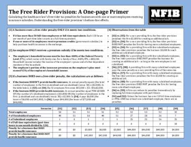The Free Rider Provision: A One-page Primer  Calculating the healthcare law’s free rider tax penalties for businesses with one or more employees receiving insurance subsidies. Understanding the free-rider provision’s