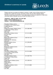 Children’s centres in Leeds  Please note this list contains all children’s centres in Leeds, some of these may be run privately from Leeds City Council, and some of them may not offer childcare places. This list is c