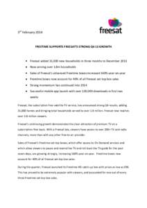 3rd February[removed]FREETIME SUPPORTS FREESAT’S STRONG Q4 13 GROWTH Freesat added 31,000 new households in three months to December 2013 Now serving over 1.8m households