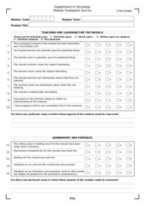 Department of Sociology Module Evaluation Survey Module Code