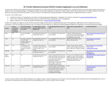 UC Transfer Admission Guarantee (TAG) for Students Applying for[removed]Admission Six University of California (UC) campuses offer guaranteed admission to students from all California community colleges (CCC). Interest