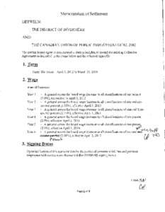 Memorandum of Setilement BETWEEN: THE DISTRICT OF INVERMERE AND: THE CANADIAN UNION OF PUBLIC EMPLOYEES LOCAL 2982