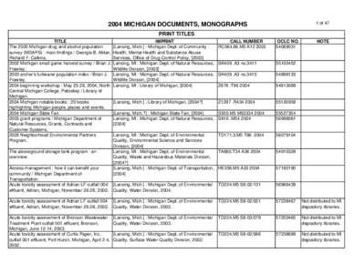 1 of[removed]MICHIGAN DOCUMENTS, MONOGRAPHS PRINT TITLES TITLE The 2000 Michigan drug and alcohol population