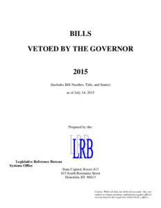 BILLS VETOED BY THE GOVERNOR 2015