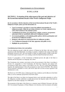 Questionnaire to Governments FINLAND SECTION 1 - Evaluation of the achievement of the goal and objectives of the Second International Decade of the World’s Indigenous People Q1. In accordance with the objectives of the