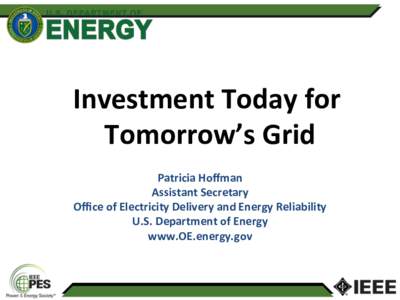 Investment	
  Today	
  for	
   Tomorrow’s	
  Grid	
   Patricia	
  H	
  oﬀman	
   Assistant	
  Secretary	
   Oﬃce	
  of	
  Electricity	
  Delivery	
  and	
  Energy	
  Reliability	
   U.S.	
  Depart