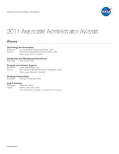 National Aeronautics and Space Administration[removed]Associate Administrator Awards Winners Technology and Innovation Individual: