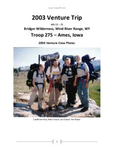 www.Troop275.com[removed]Venture Trip July 12 – 21  Bridger Wilderness, Wind River Range, WY