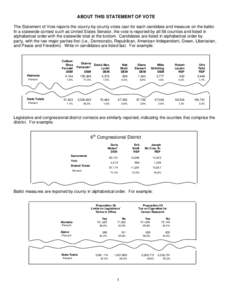 ABOUT THIS STATEMENT OF VOTE The Statement of Vote reports the county-by-county votes cast for each candidate and measure on the ballot. In a statewide contest such as United States Senator, the vote is reported by all 5