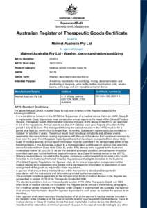 Australian Register of Therapeutic Goods Certificate Issued to Malmet Australia Pty Ltd for approval to supply