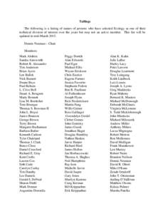 Tailings The following is a listing of names of persons who have selected Ecology as one of their technical division of interest over the years but may not an active member. This list will be updated in mid-MarchD