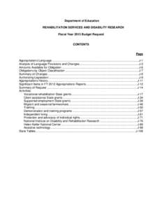 1Department of Education REHABILITATION SERVICES AND DISABILITY RESEARCH Fiscal Year 2013 Budget Request CONTENTS Page