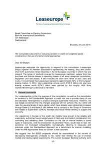 Basel Committee on Banking Supervision Bank for International Settlements CH-4002 Basel Switzerland Brussels, 24 June 2016
