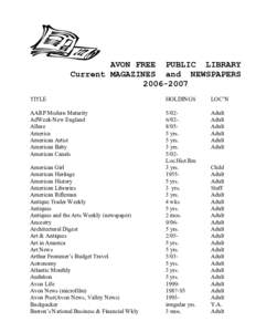 AVON FREE PUBLIC LIBRARY Current MAGAZINES and NEWSPAPERS[removed]TITLE  HOLDINGS