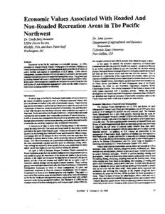 Economic Values Associated With Roaded And Non-Roaded Recreation Areas in The Pacific Northwest Dr, Cir@ Sorg Swanron USDA Forest Service Wild~e, Fish and Rare Plant S&L$