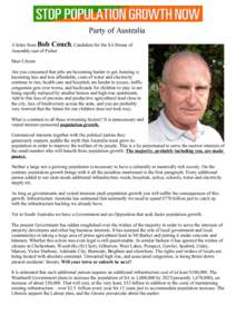 Party of Australia A letter from Bob Couch, Candidate for the SA House of Assembly seat of Fisher Dear Citizen Are you concerned that jobs are becoming harder to get, housing is becoming less and less affordable, costs o