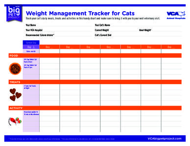 Weight Management Tracker for Cats  Track your cat’s daily meals, treats and activities in this handy chart and make sure to bring it with you to your next veterinary visit. Your Name __________________________________