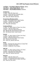 2013 ATPI Top Program Award Winners 1st Place – St. Mark’s School of Texas, Dallas 2nd Place – Allen High School, Allen 3rd Place – The Kinkaid School, Houston Architecture 1st Place - Allen HS, Krista Luter