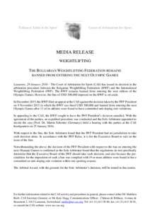 Tribunal Arbitral du Sport  Court of Arbitration for Sport MEDIA RELEASE WEIGHTLIFTING