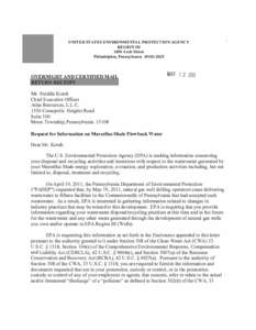 Atlas Resources, L.L.C. Request for Information on Marcellus Shale Flowback Water dated May 12, 2011
