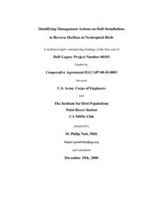 Identifying Management Actions on DoD Installations to Reverse Declines in Neotropical Birds A technical report summarizing findings of the first year of DoD Legacy Project Number[removed]funded by