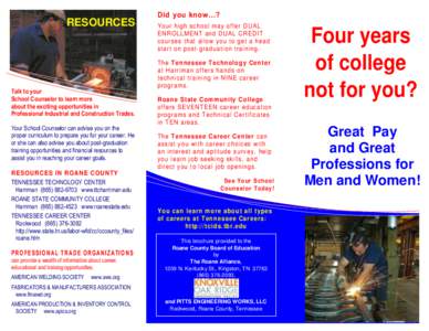 RESOURCES  Talk to your School Counselor to learn more about the exciting opportunities in Professional Industrial and Construction Trades.