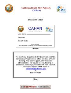 California Health Alert Network (CAHAN) BUSINESS CARD  (Front)