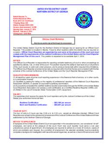 UNITED STATES DISTRICT COURT NORTHERN DISTRICT OF GEORGIA Submit Resume To: Human Resources Office Room 2013 U.S. Courthouse 75 Spring Street, SW