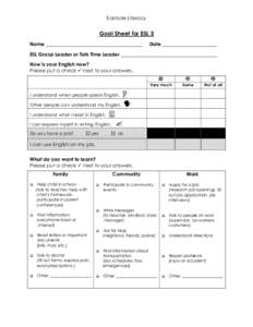 Eastside Literacy  Goal Sheet for ESL 3 Name _______________________________________  Date ______________________