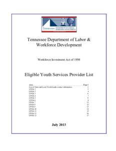 Tennessee Department of Labor & Workforce Development Workforce Investment Act of 1998 Eligible Youth Services Provider List Area