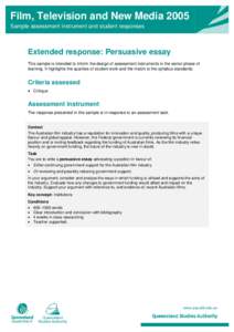 Extended response: Persuasive essay - Film, Television and New Media 2005: Sample student assessment and responses