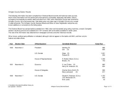 Arlington County Election Results The following information has been compiled from Electoral Board records and historical news sources. Much of the information from the earlier part of the period is incomplete, especiall