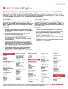 October[removed]Performance Drug List The CVS/caremark Performance Drug List is a guide within select therapeutic categories for clients, plan members and health care providers. Generics should be considered the first line