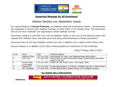 Important Message for All Pensioners  Aadhaar Seeding cum Registration Camps For implementation of Jeevan Pramaan- an Aadhaar based life certification system - all pensioners are requested to furnish their Aadhaar Number