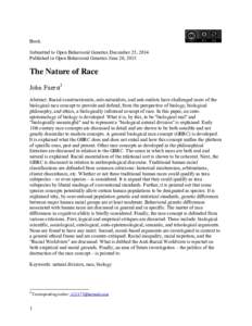Book. Submitted to Open Behavioral Genetics December 25, 2014 Published in Open Behavioral Genetics June 20, 2015 The Nature of Race John Fuerst1