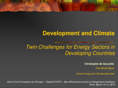 Development and Climate Twin Challenges for Energy Sectors in Developing Countries Christophe de Gouvello  The World Bank