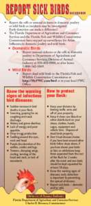 •	  Report die-offs or unusual sickness in domestic poultry or wild birds so incidents may be investigated.   Early detection can make a difference! 	 The Florida Department of Agriculture and Consumer