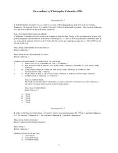 Descendants of Christopher Columbus Ellis  Generation No[removed]CHRISTOPHER COLUMBUS2 ELLIS (JOHN1) was born 1760 in England, and died 1831 in Sevier County, Tennessee. He married N ANCY ELIZABETH CALLAHAN 1786 in Cumberl