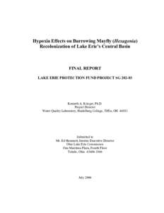 Hypoxia Effects on Burrowing Mayfly (Hexagenia) Recolonization of Lake Erie’s Central Basin FINAL REPORT LAKE ERIE PROTECTION FUND PROJECT SG[removed]