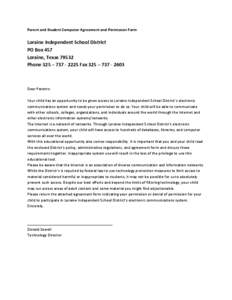 Parent and Student Computer Agreement and Permission Form  Loraine Independent School District PO Box 457 Loraine, Texas[removed]Phone 325 – [removed]Fax 325 – [removed]