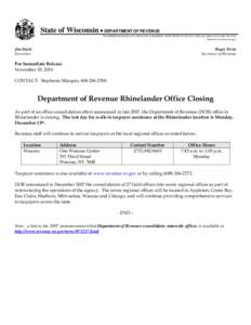 WI Department of Revenue Rhinelander Office Closing