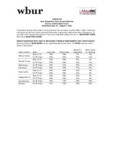 Conducted for WBUR by  WBUR Poll New Hampshire 2016 General Election Survey of 609 Likely Voters Field Dates July 29 – August 1, 2016